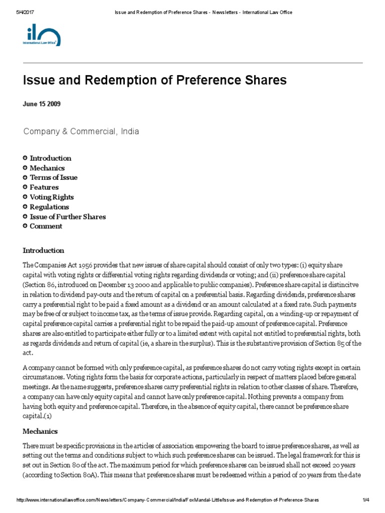 Preference Shares: Issuance & Redemption Guide | PDF | Preferred Stock ...