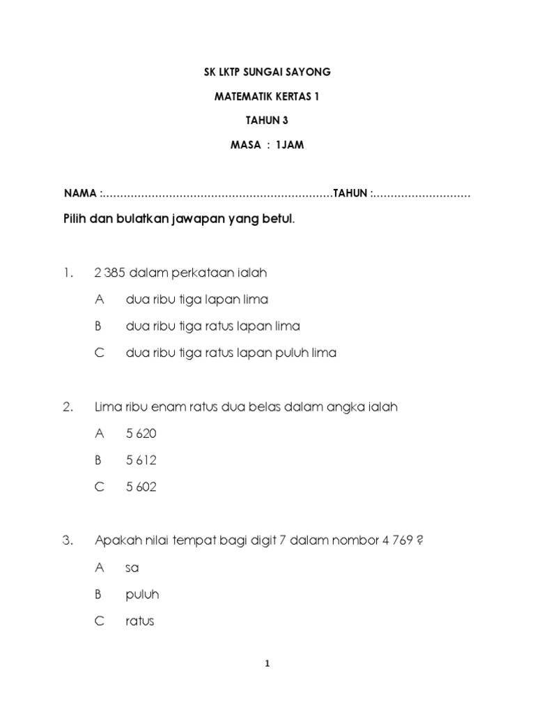 Latih Tubi Soalan Latihan Matematik Tahun 2 Cuti Bulan Mac 1