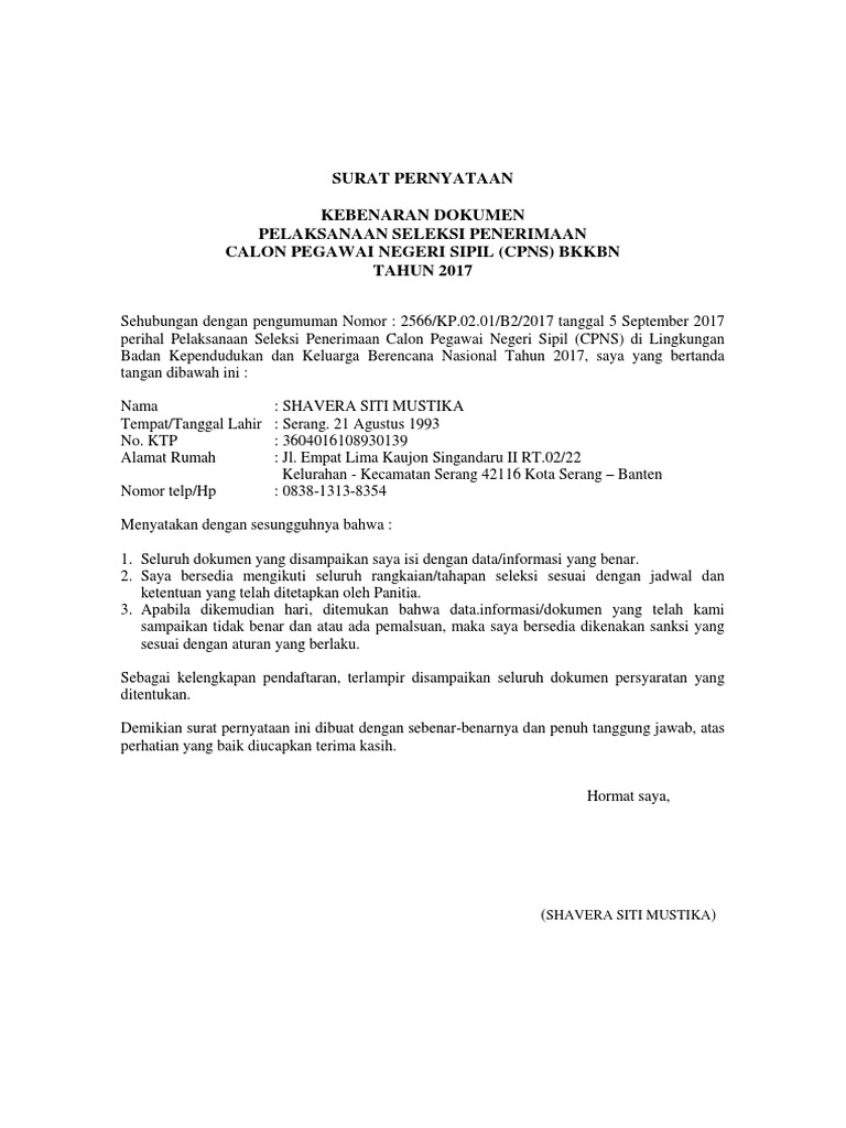 Surat Pernyataan Kebenaran Dokumen Bkkbn