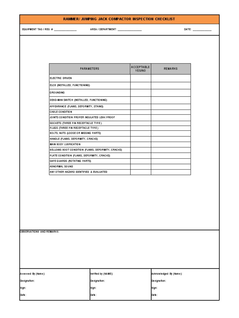 Rammer/ Jumping Jack Compactor Inspection Checklist Parameters