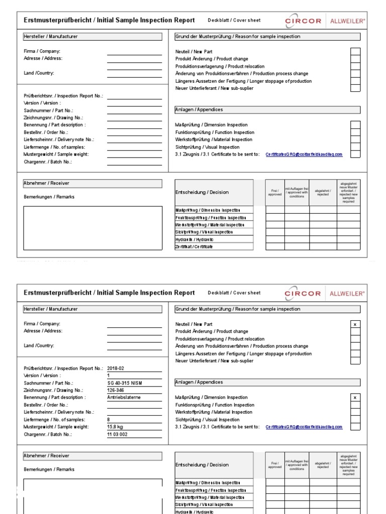Erstmusterprüfbericht Initial Sample Inspection Report Issue08 | PDF