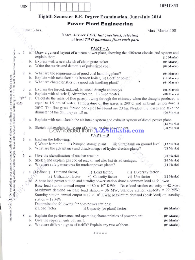 Power plant engineering VTU question paper