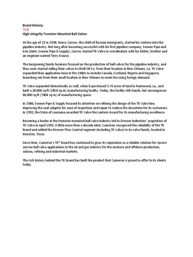 Brand History High Integrity Trunnion Mounted Ball Valves