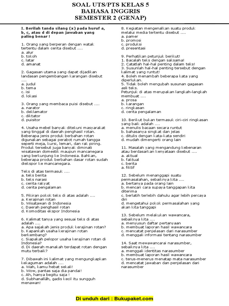 Soal Uts Bahasa Indonesia Kelas 5 Semester 2