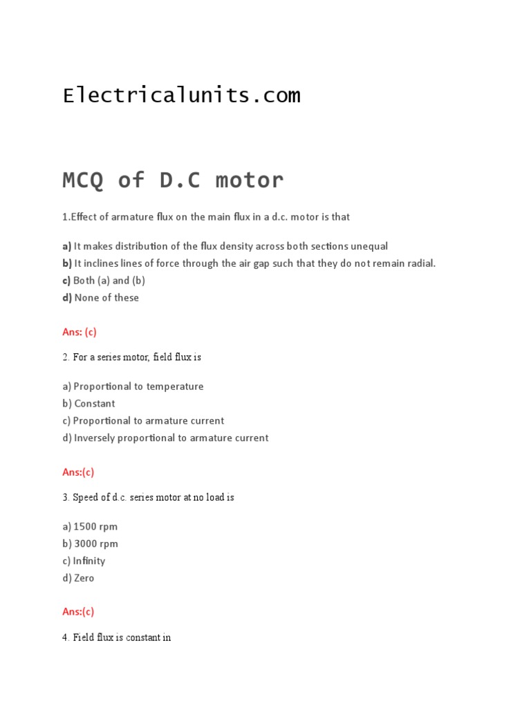 MCQ of D.C Motor PDF Electric Power Components