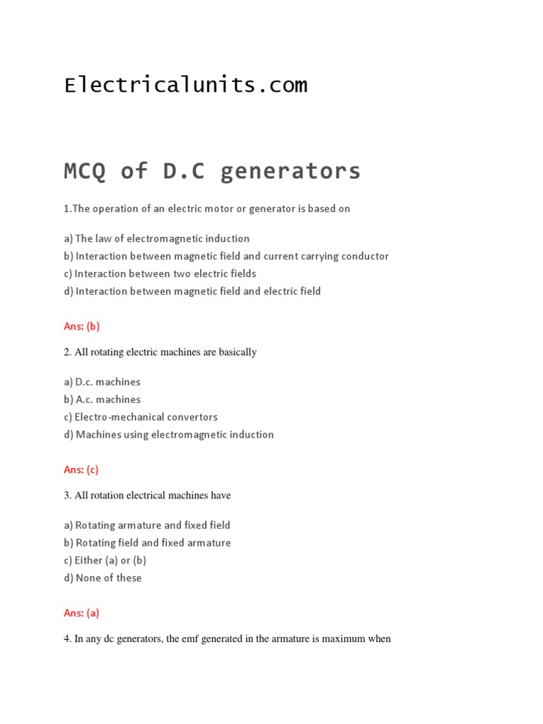 MCQ of D.C Generators PDF Electric Motor Electric Generator