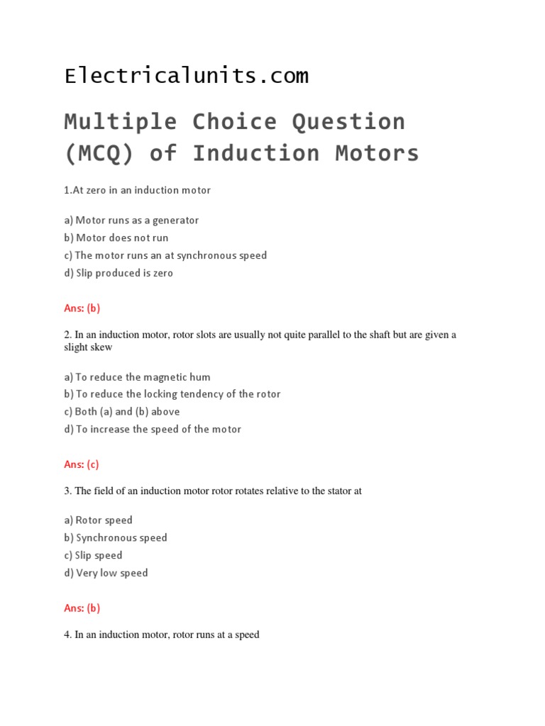Multiple Choice Question (MCQ) of Induction Motors PDF Electric