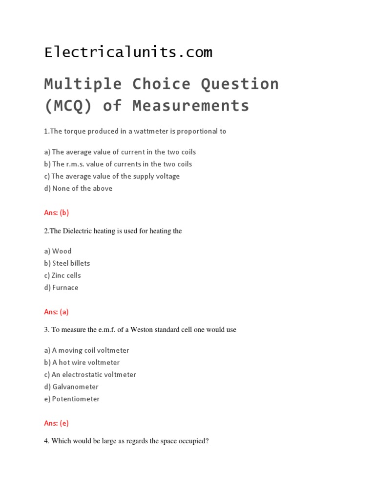 Multiple Choice Question (MCQ) of Measurements PDF Transformer