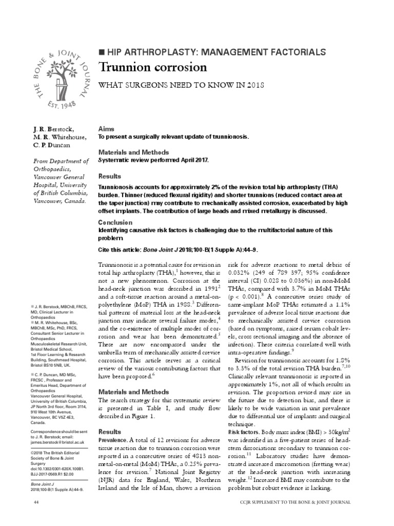 Trunnion Corrosion Hip Arthroplasty Management Factorials PDF Wear Corrosion