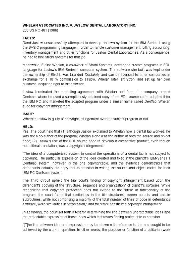 Whelan Associates Inc Vs Jaslow Dental Lab PDF Intellectual