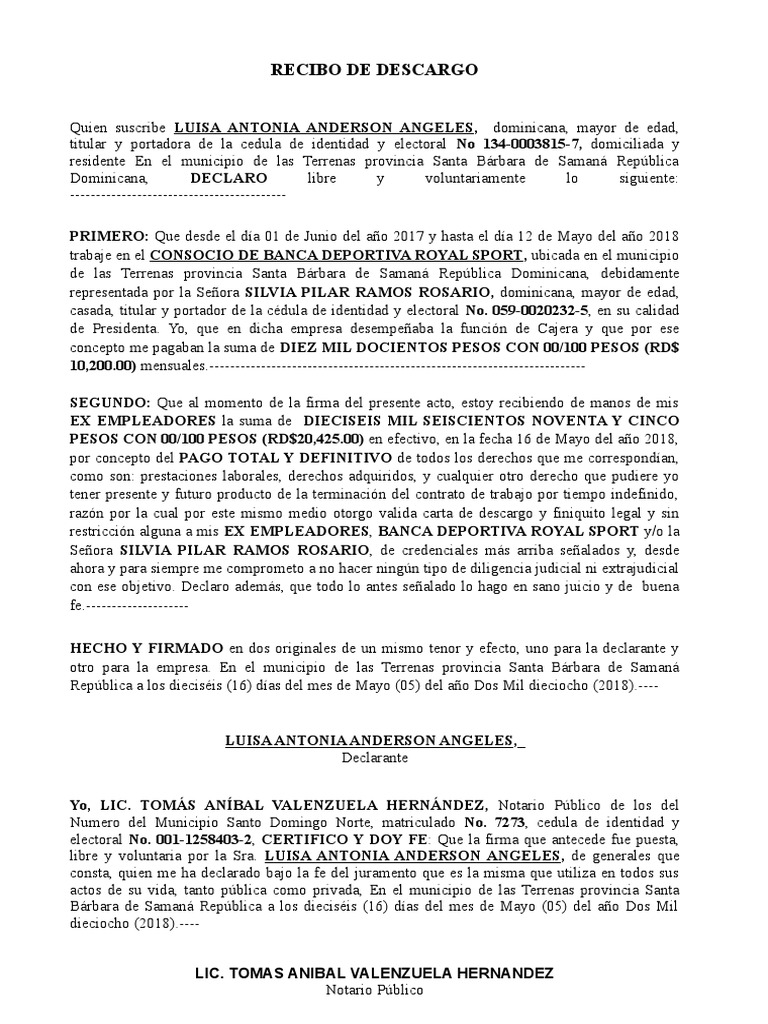 Recibo de Descargo Laboral | PDF | República Dominicana | Gobierno