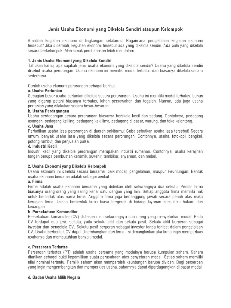 Jenis Usaha Ekonomi Yang Dikelola Sendiri Ataupun Kelompok Docx
