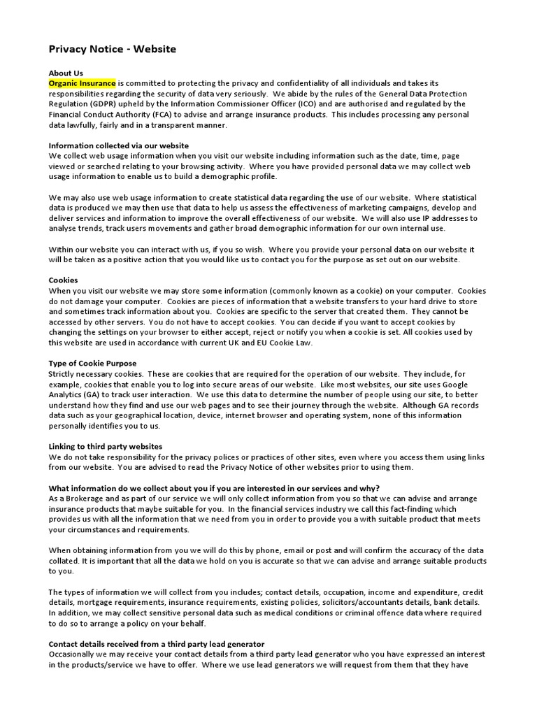Organic Insurance Privacy Notice | PDF | Http Cookie | Internet Privacy