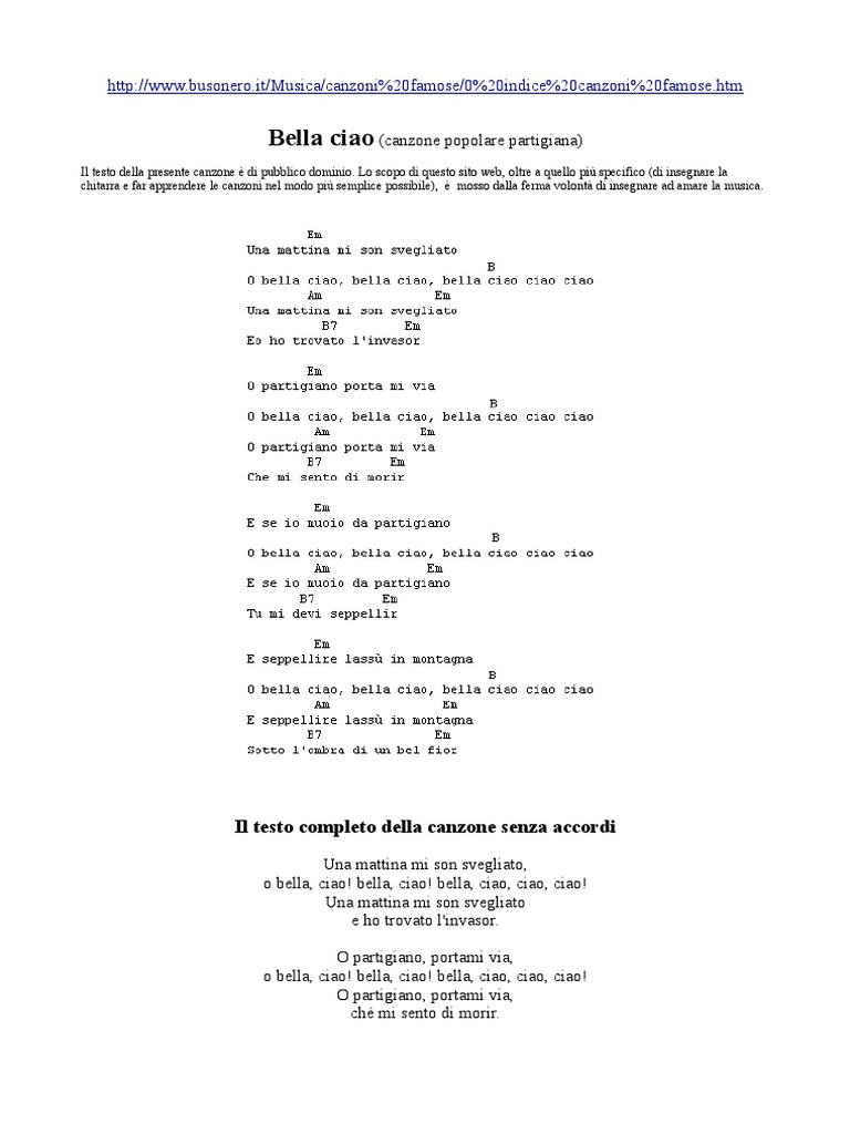 Bella Ciao Testo e Accordi PDF