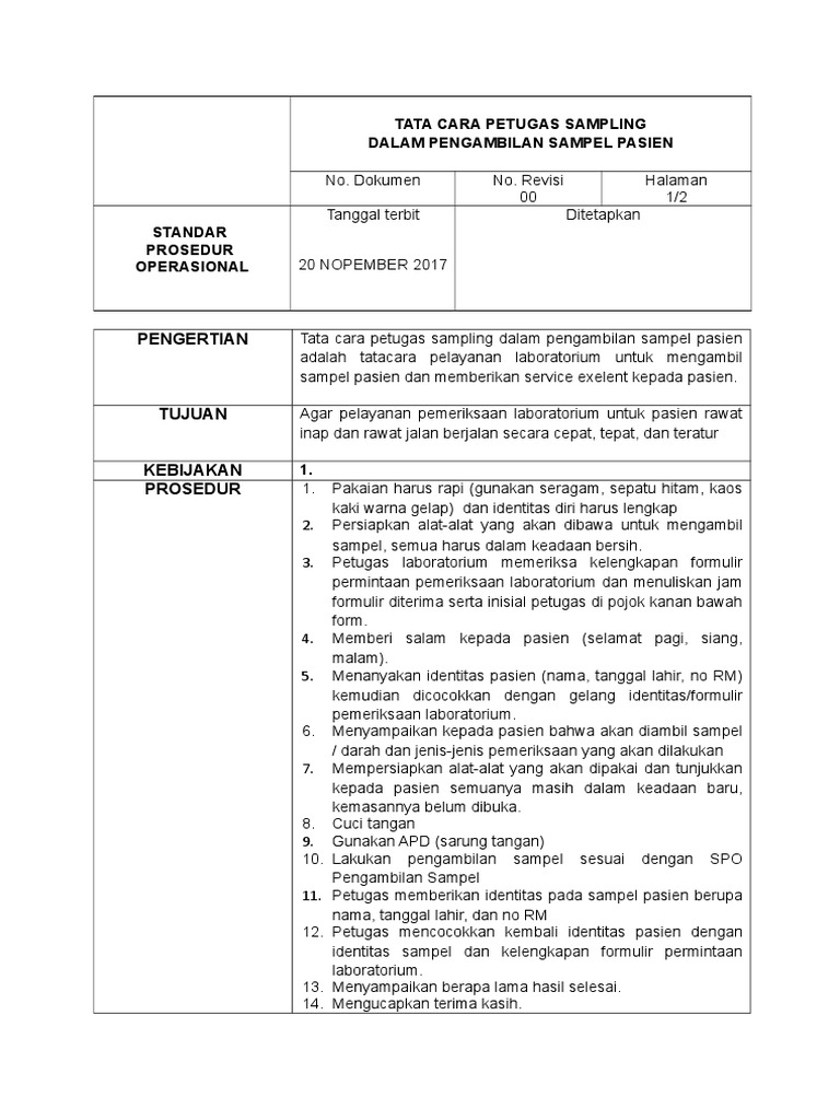 Prosedur Pengambilan Sampel Pasien | PDF