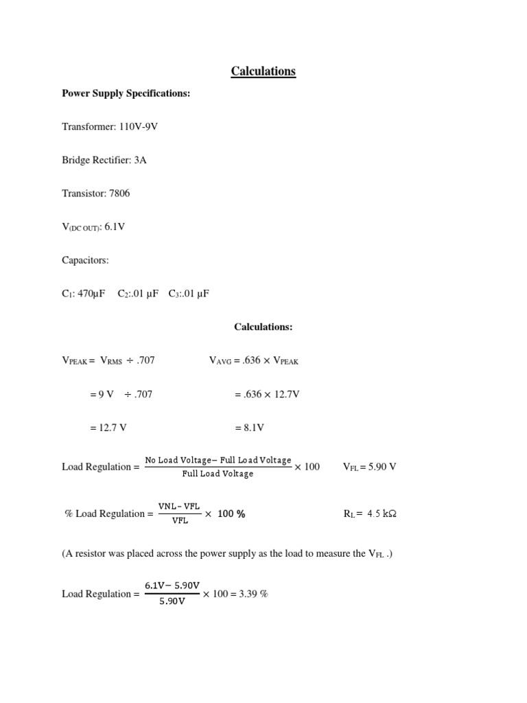 Calculations: Power Supply Specifications | PDF | Technology & Engineering