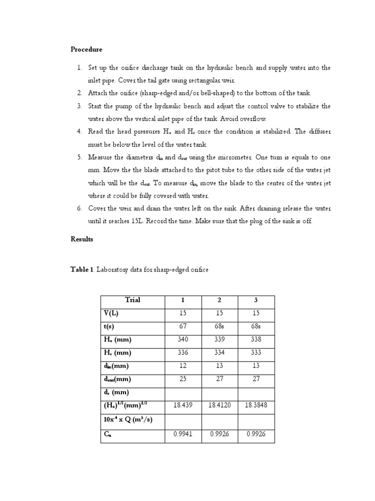 Hydraulic Bench Orifice Experiment Guide | PDF | Fluid Mechanics | Gases