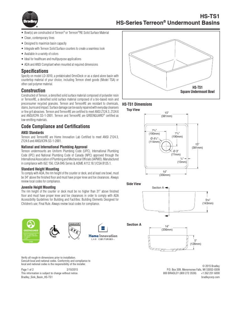 Bradley Sink Basin HS-TS1 | PDF | Industries | Building Materials