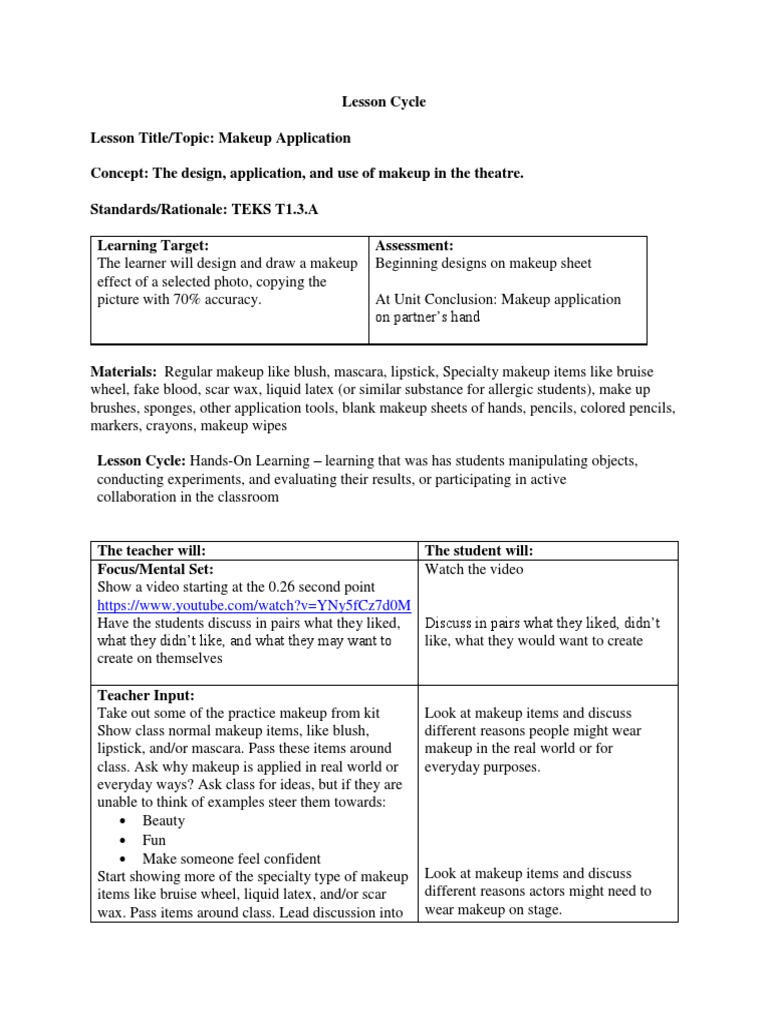 makeup lesson plan Cosmetics Lesson Plan