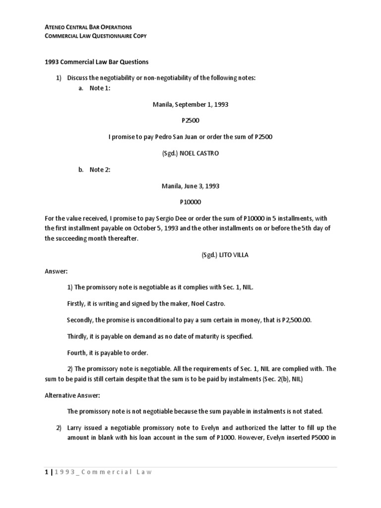 1993 Commercial Law Bar Questions PDF Bill Of Lading Letter Of Credit
