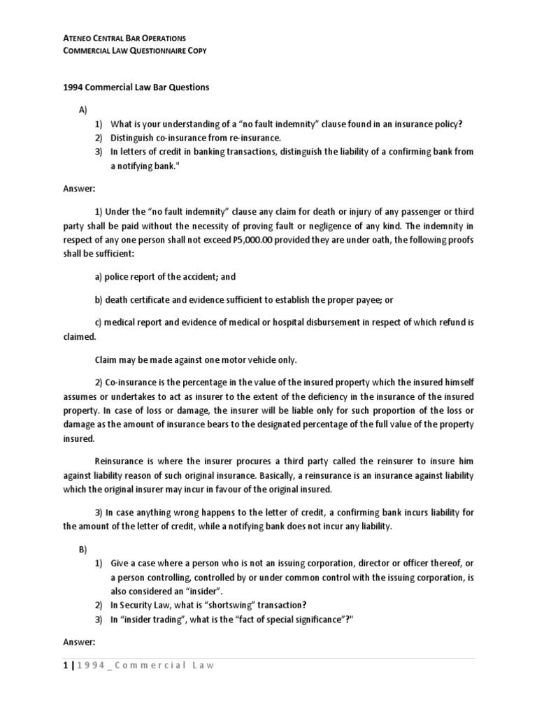 1994 Commercial Law Bar Questions PDF Cheque Securities (Finance)