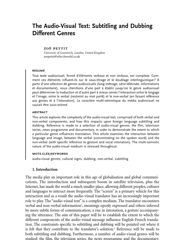 Audiovisual Text: Subtitling & Dubbing | PDF | Gesture | Nonverbal ...