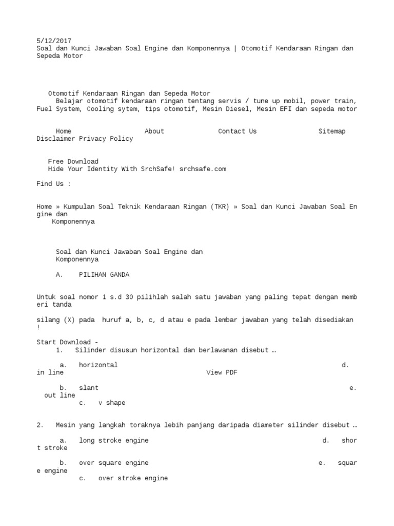 Soal Dan Kunci Jawaban Soal Engine Dan Komponennya Otomotif Kendaraan Ringan Dan Sepeda Motor