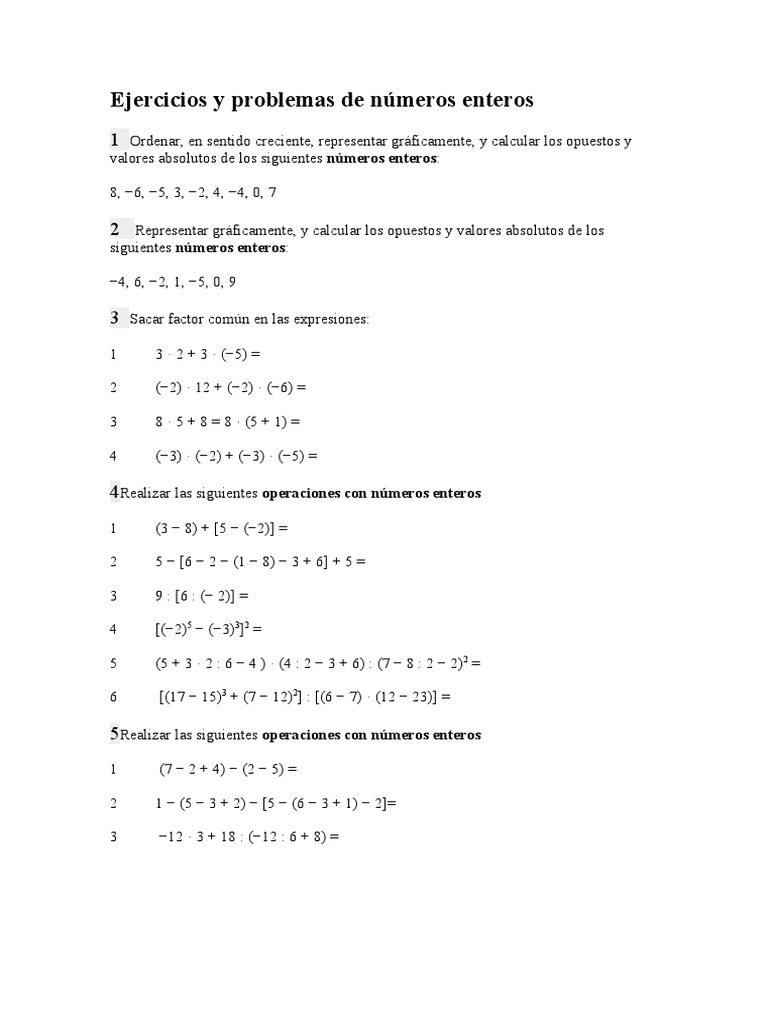 Hoja De Trabajo Con Problemas De Palabras Sobre Números Enteros