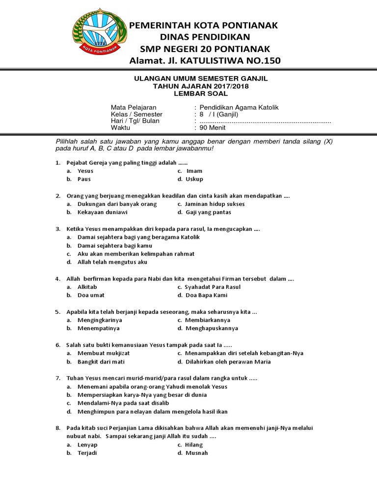 Soal Agama Katolik Kelas 8 Semester 1 Juru Belajar