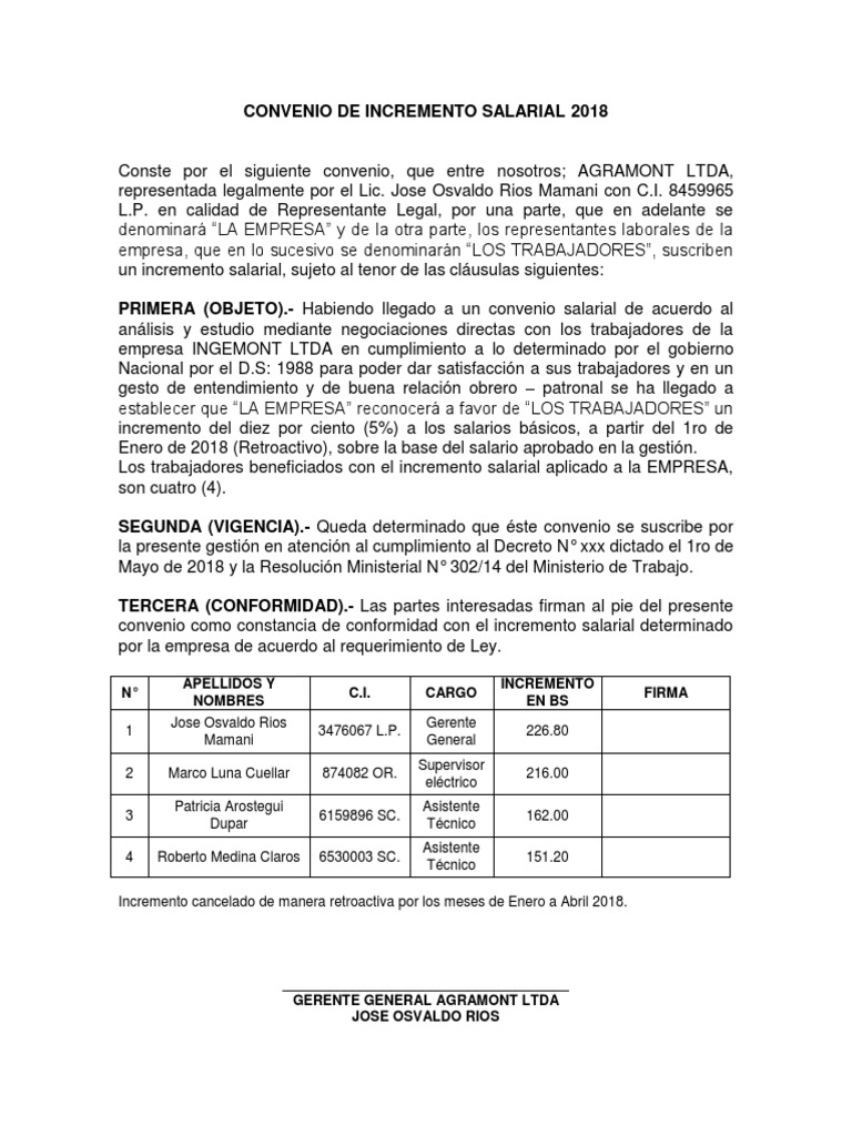 Modelo Convenio de Incremento Salarial 2018 Salario Gobierno