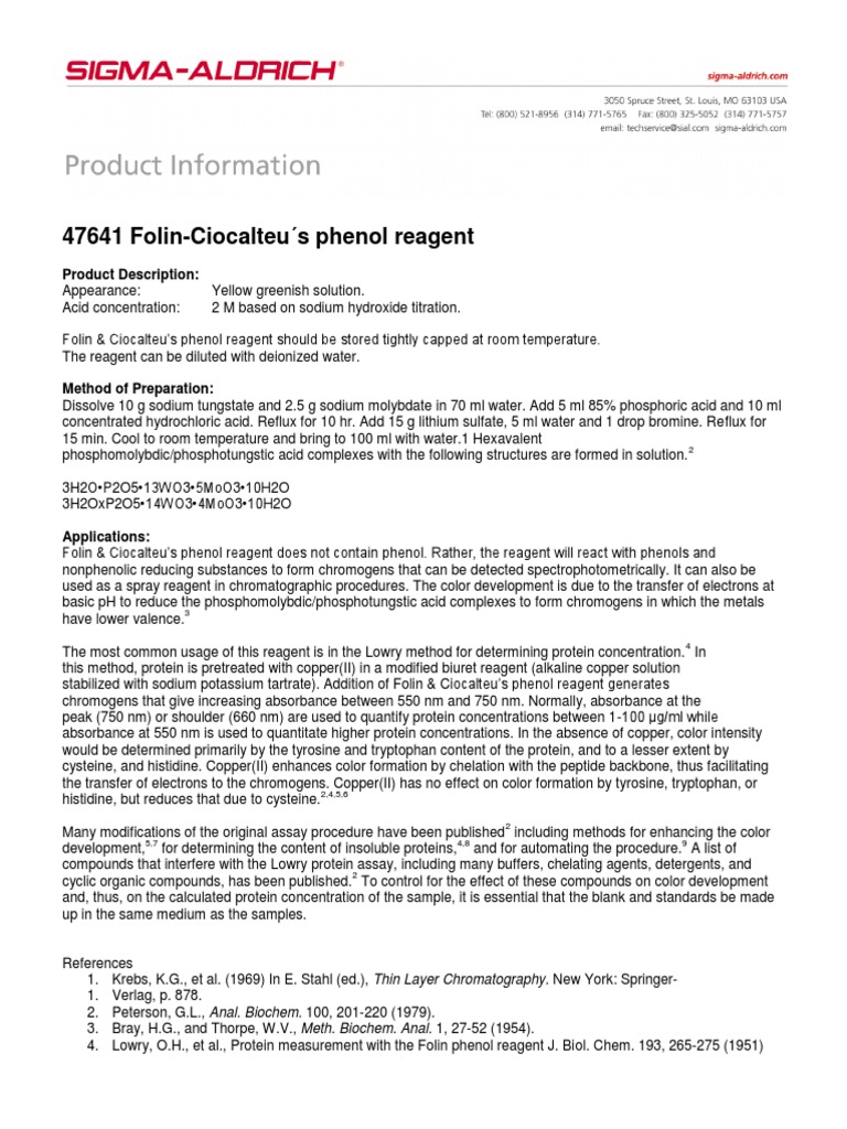 Folin-Ciocalteu S Phenol Reagent: Product Description | PDF | Sodium | Acid