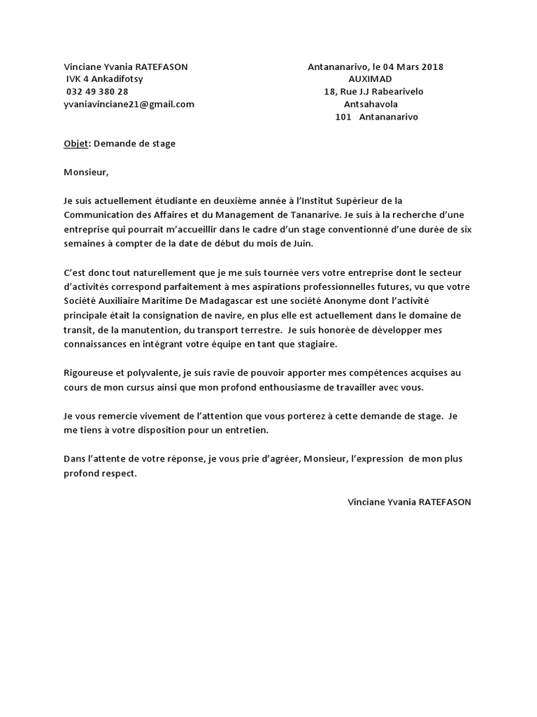 Lettre De Motivation Stage 3eme Architecte Lettre de Motivation Auximad | PDF