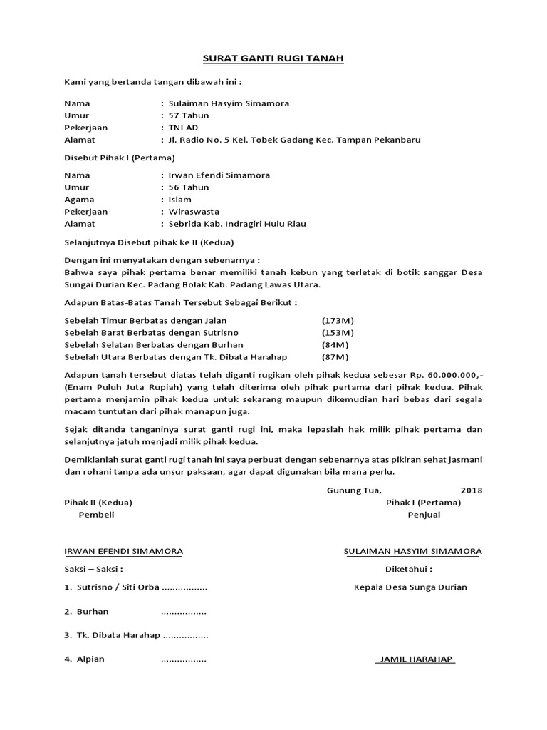 Surat Ganti Rugi Tanah