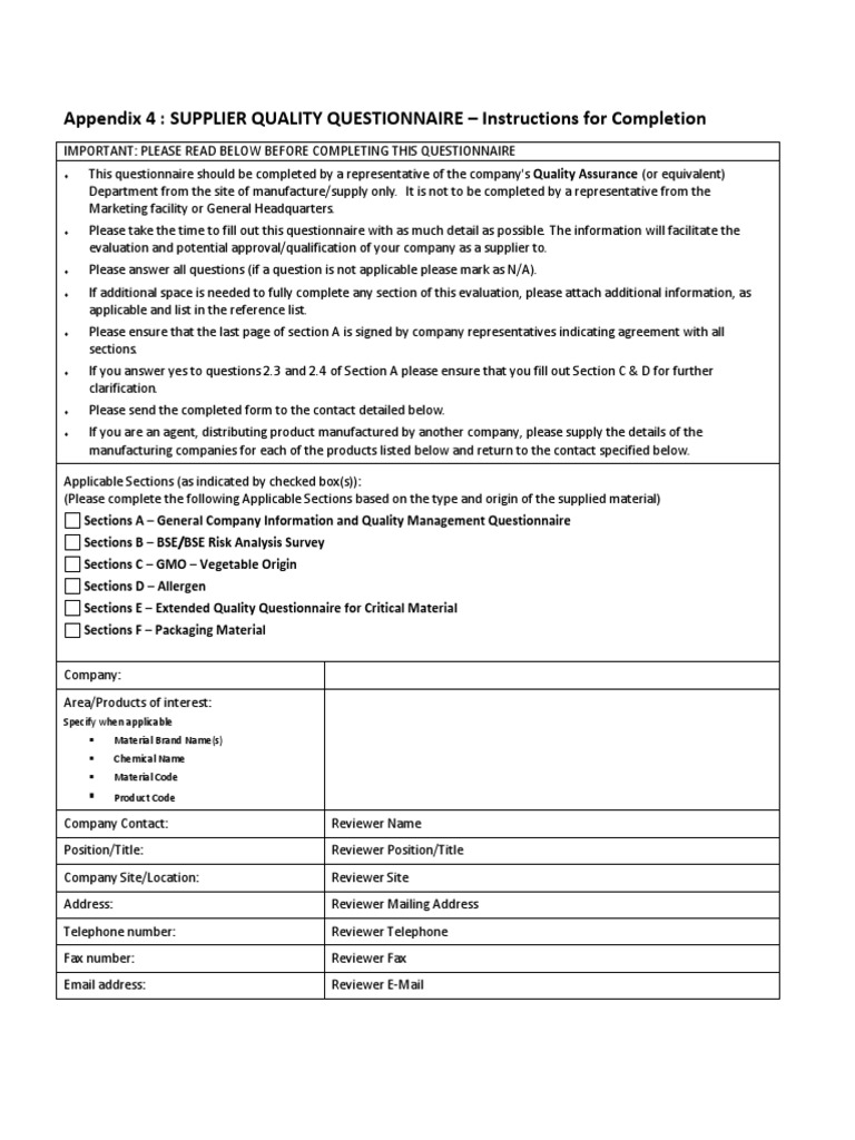 Supplier Quality Questionnaire A Comprehensive Guide for Completing
