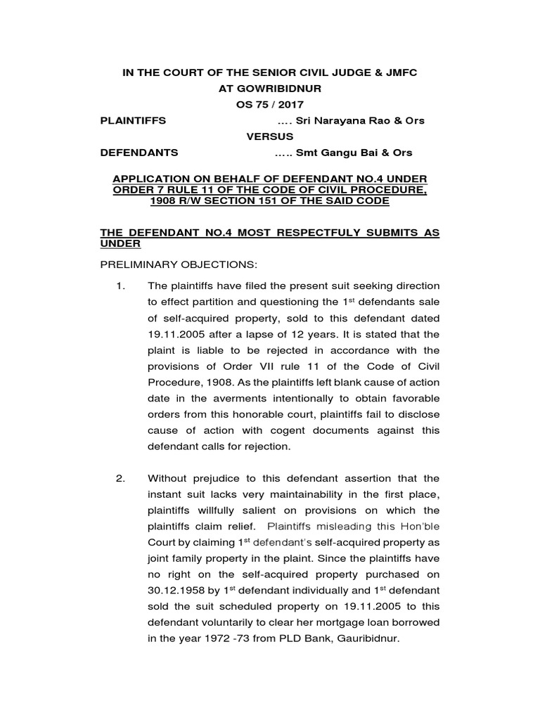 Application Under Order 7 Rule 11 Of Cpc