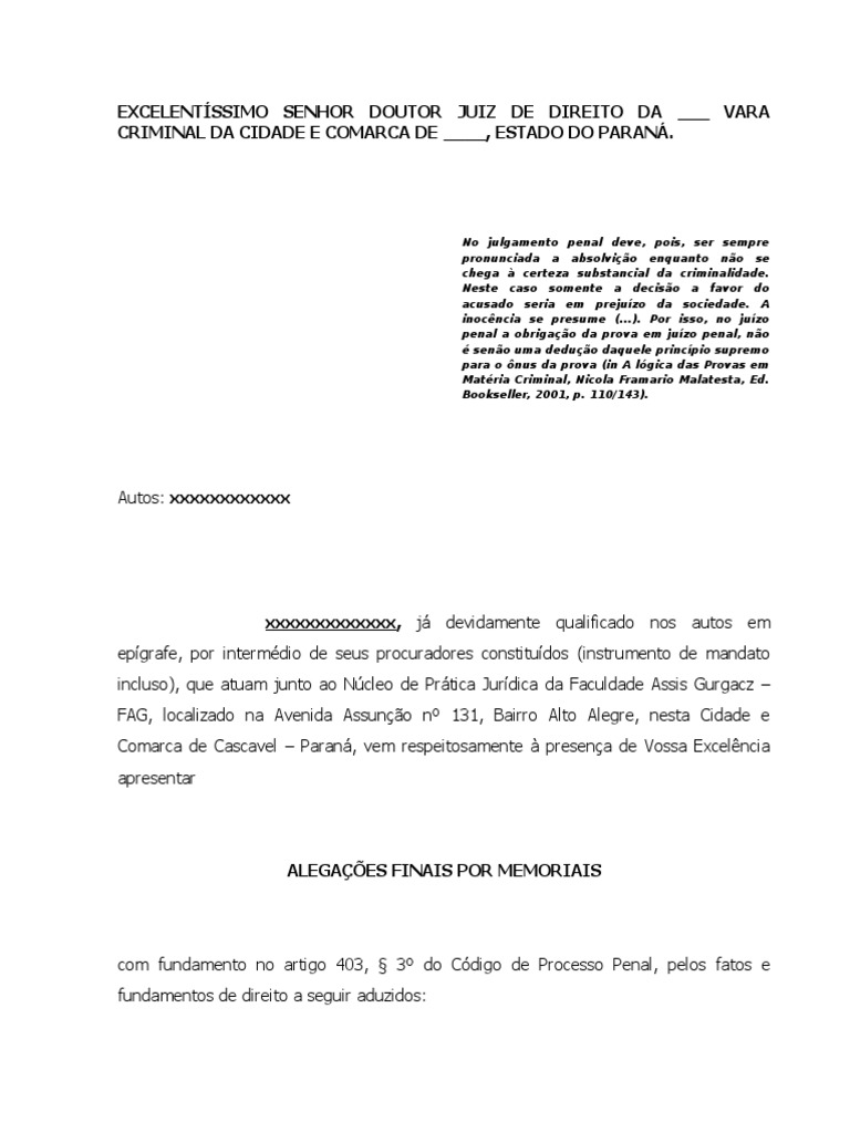 Alegações Finais Por Memoriais Procedimento criminal
