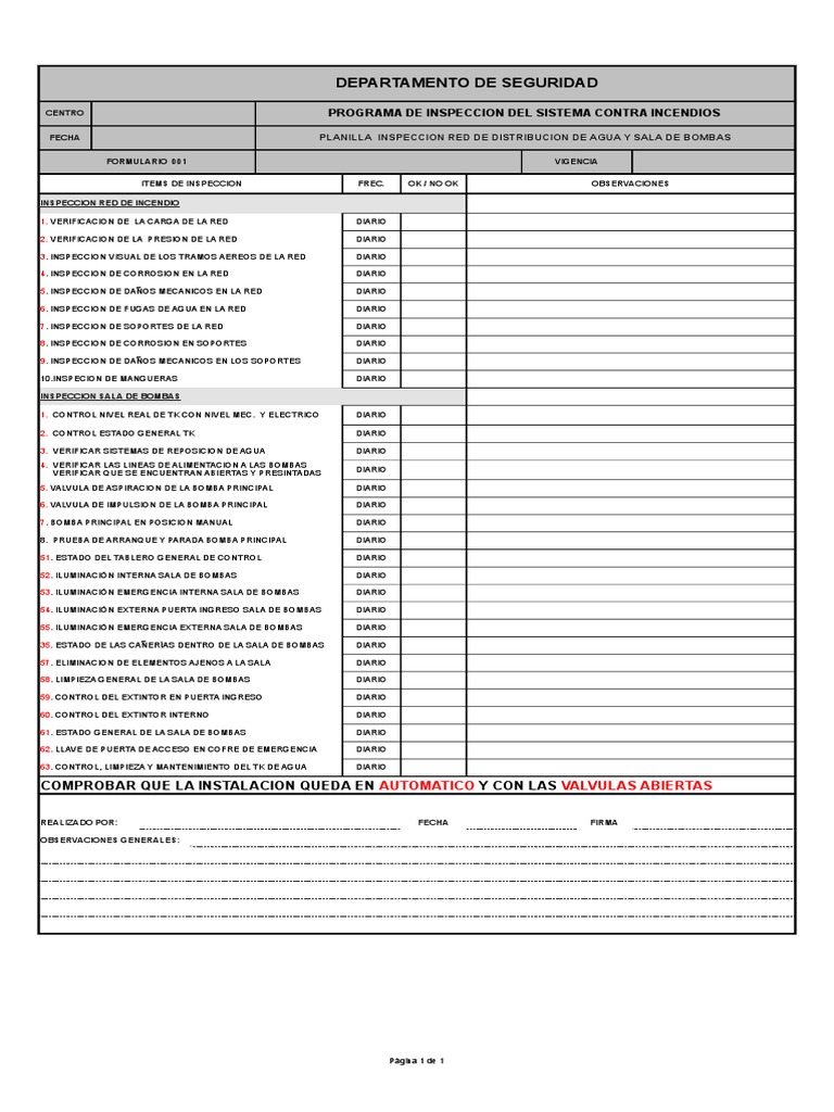 Planilla Inspección Sistema Contra Incendio | PDF