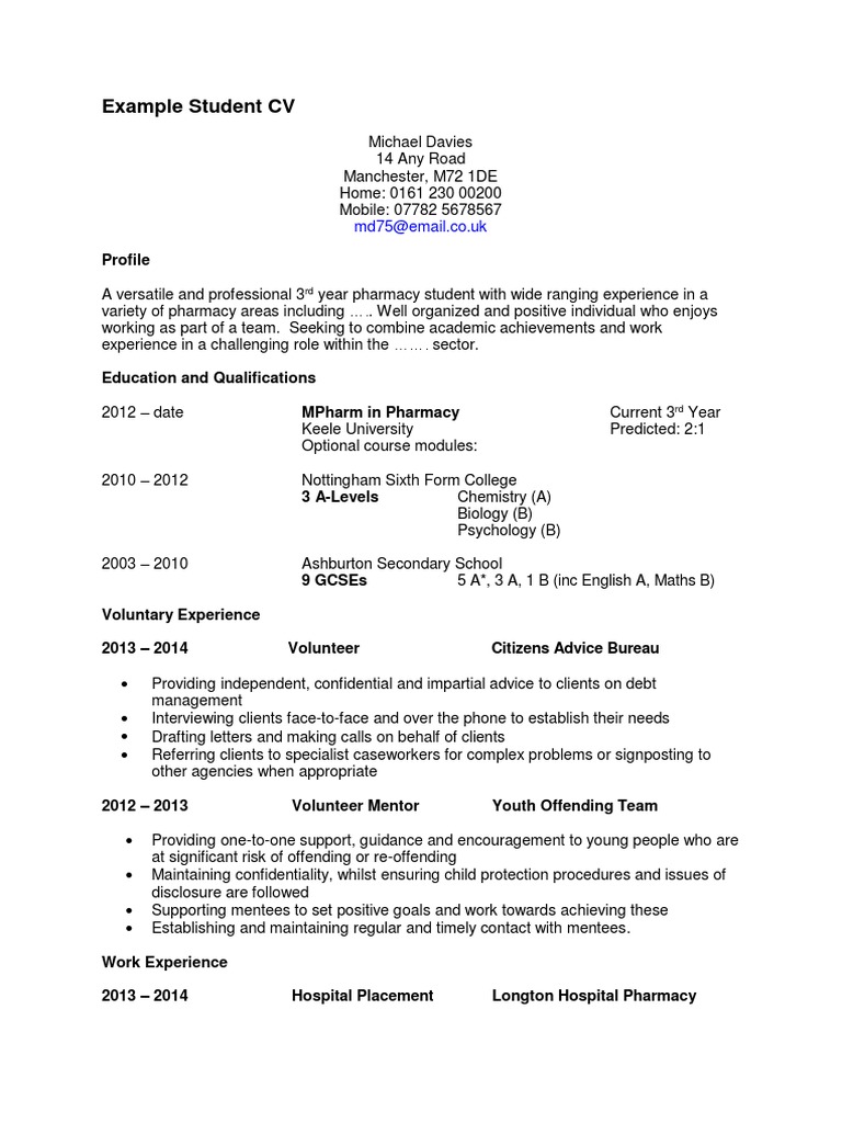 Pharmacy Student CV Example | PDF | Pharmacy | Mentorship