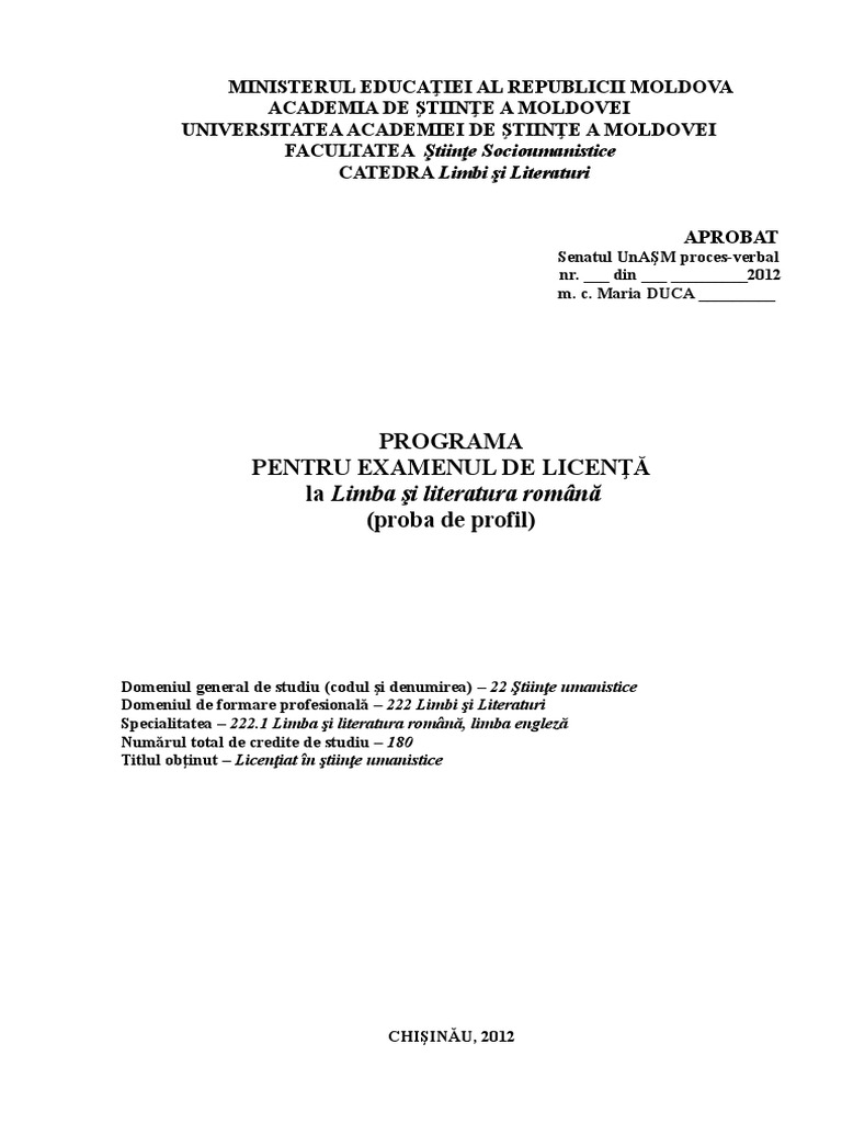 PROGRAMA PT Exam de Licenta Proba de Profil | PDF | Artes del Lenguaje ...