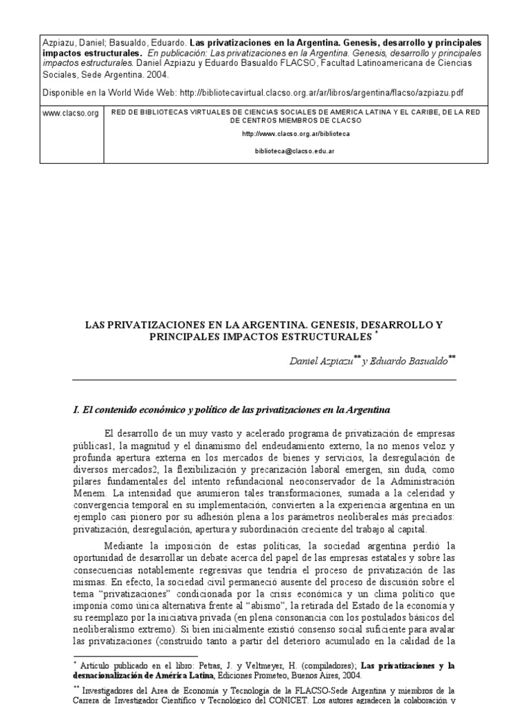 Privatizaciones en Argentina: Impactos 90s | PDF | Privatización ...
