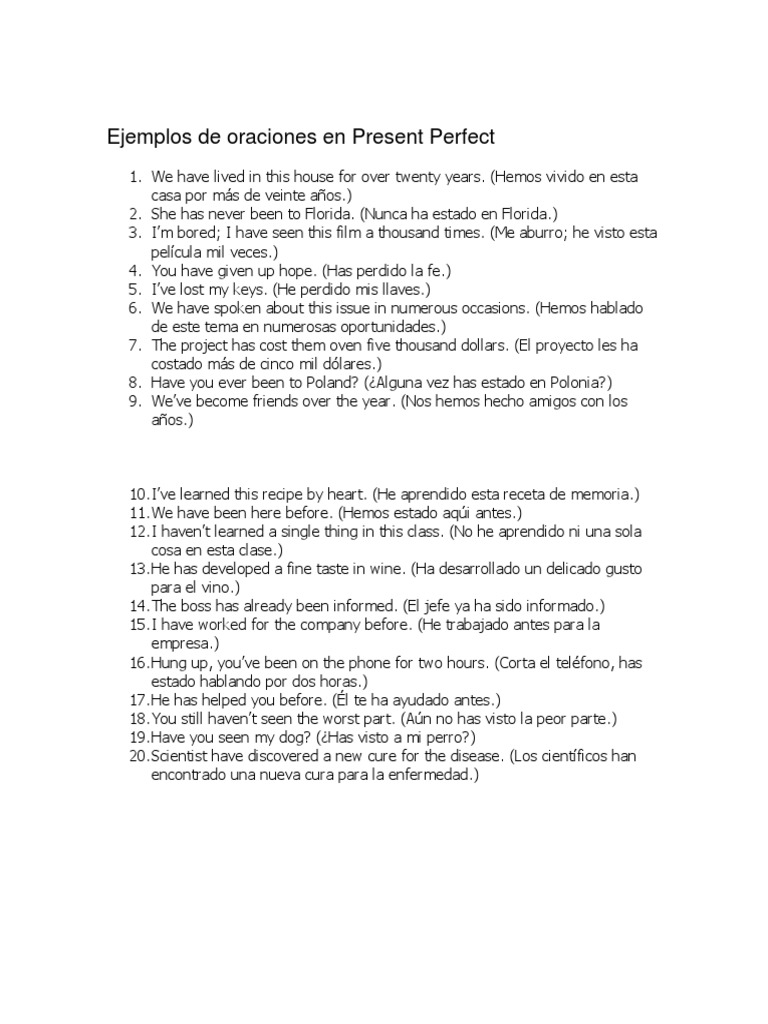 20 Ejemplos de Present Perfect en Inglés | PDF | Naturaleza