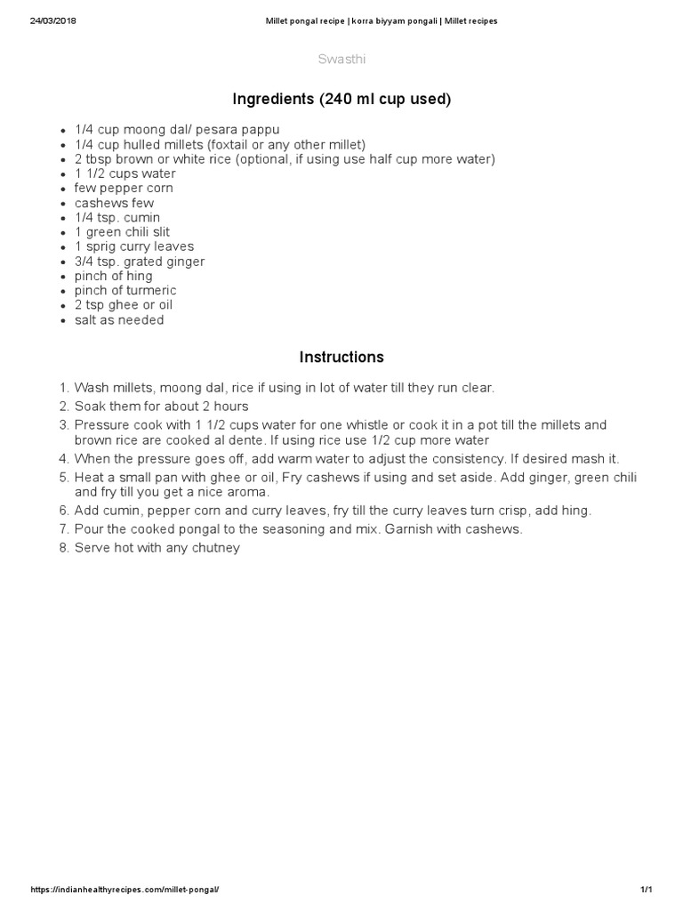 Millet Pongal Recipe Korra Biyyam Pongali Millet Recipes PDF