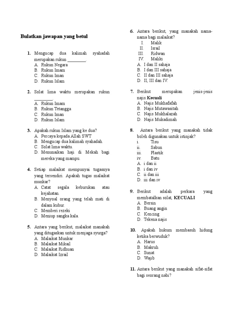 Bulatkan Jawapan Yang Betul