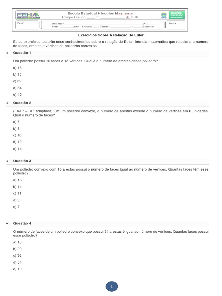 Exercícios Sobre A Relação de Euler | PDF | Triângulo | Formas geométricas