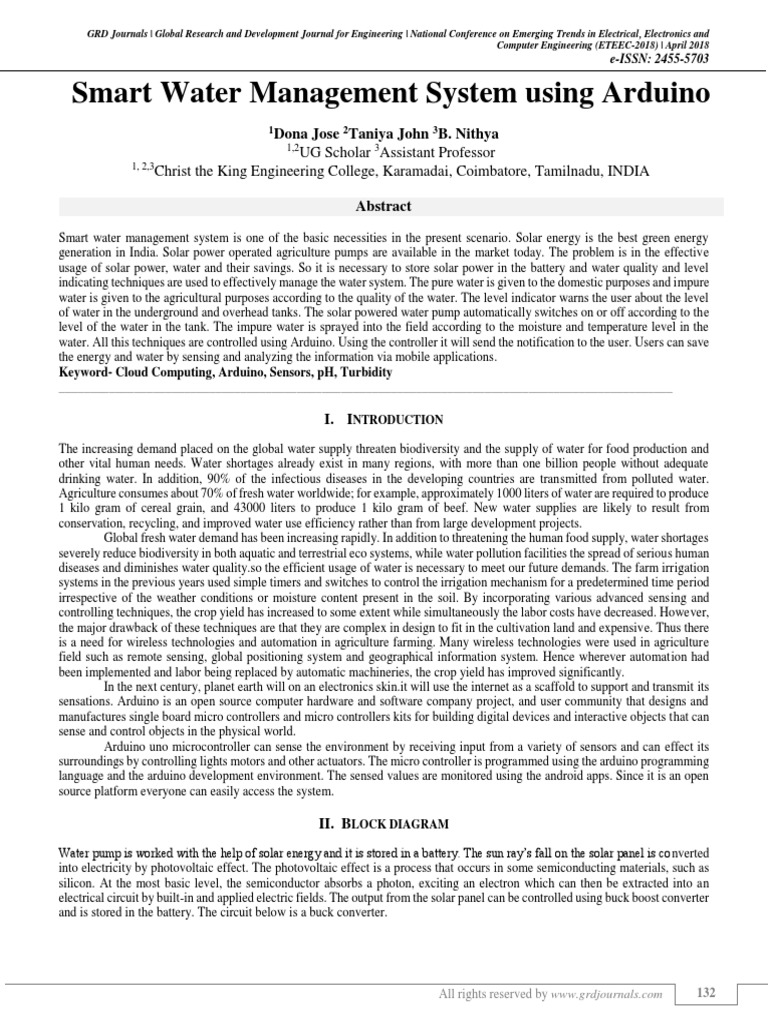 Smart Water Management System Using Arduino | PDF | Arduino | Sensor
