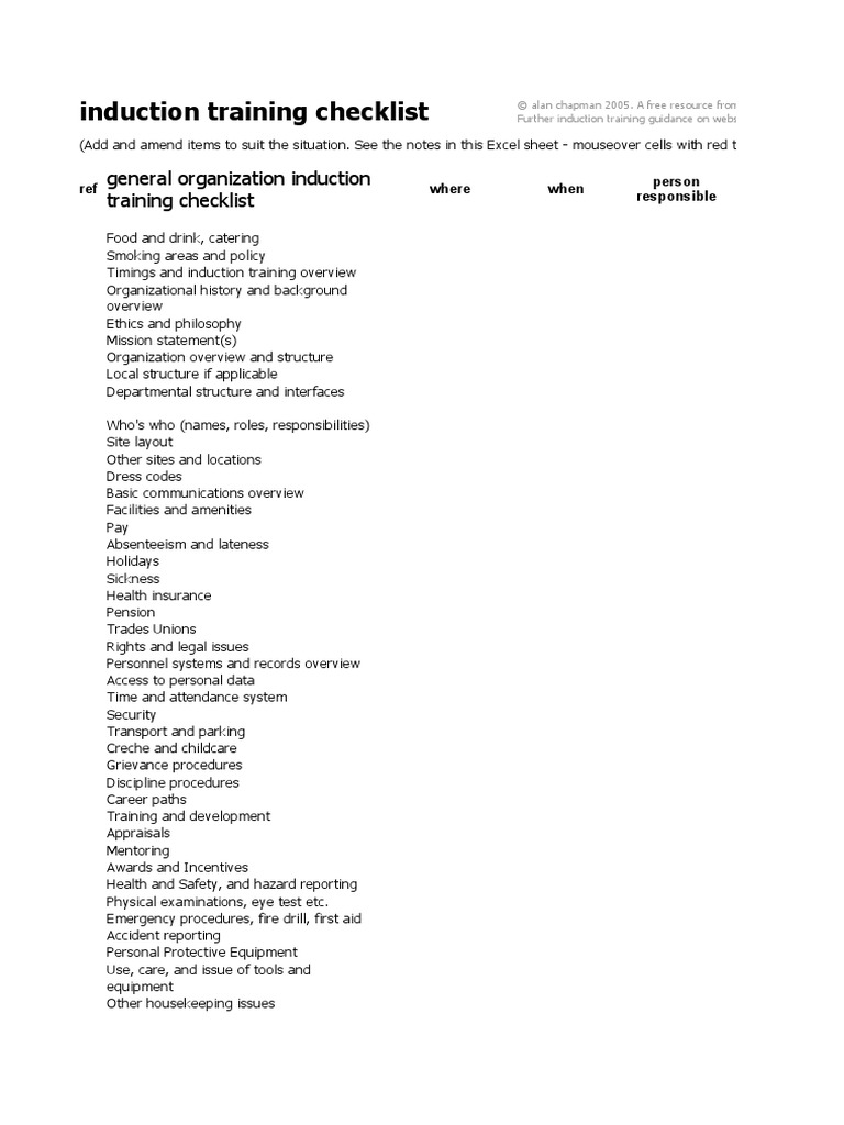 Induction Training Checklist PDF Occupational Safety And Health