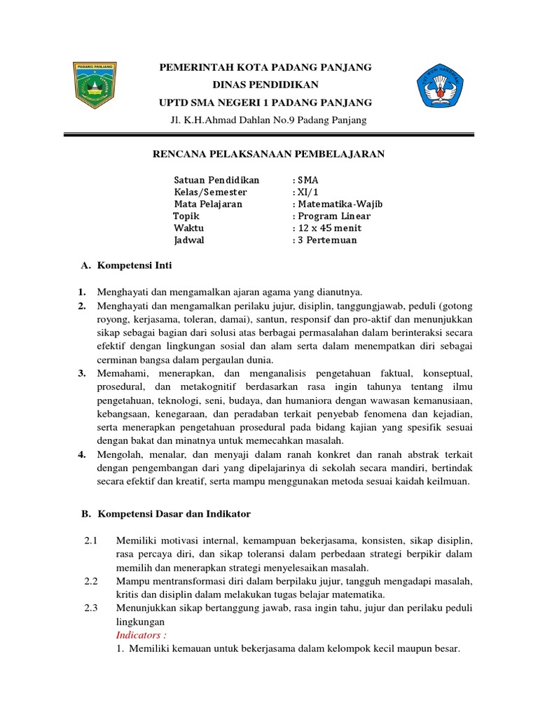 Rpp Matematika Wajib Kelas Xi Kurikulum 2013 Program Linear