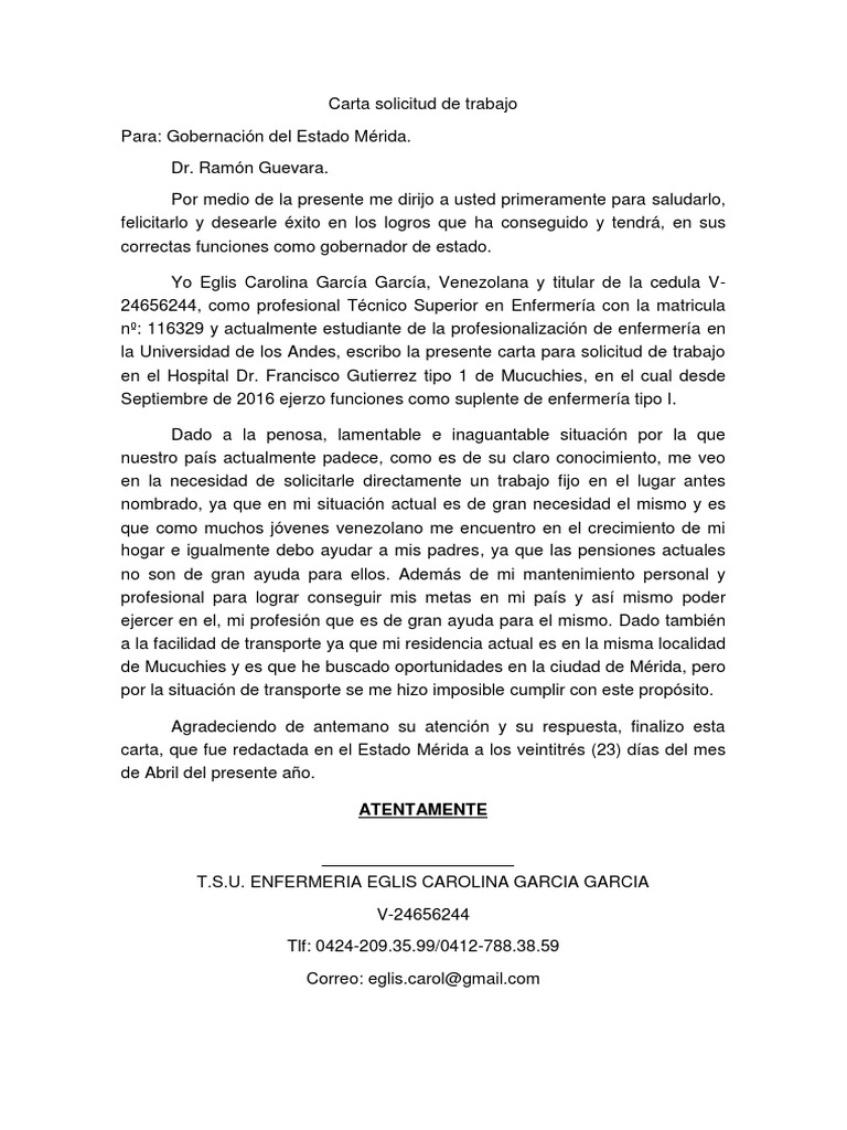 Carta de Solicitud de Trabajo | PDF | Enfermería | Bienestar