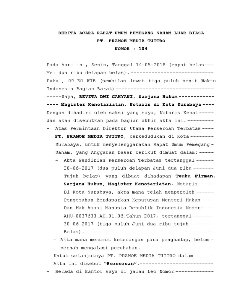 Berita Acara RUPS Luar Biasa PT Pramoe | PDF