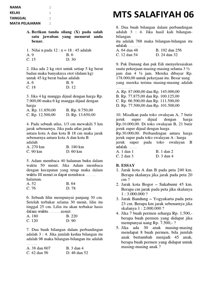47584792 Soal Skala Dan Perbandingan Kelas Vii Docx